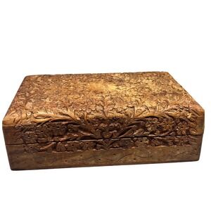 Vintage Handmade Carved Floral Design Wooden Jewelry Box Red lining